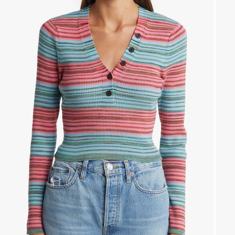 NEWđDerek Lam 10 Crosby Milana Crop Henley Sweater Ribbed Knit Space Dye - Picture 8 of 8